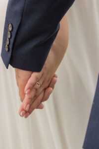 close up of newlyweds hands together